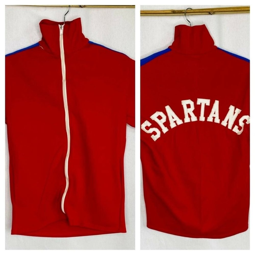 Vintage 70s Nylon Turtle Neck Zip Up Spartans Shirt Sz L Large Red Athletic